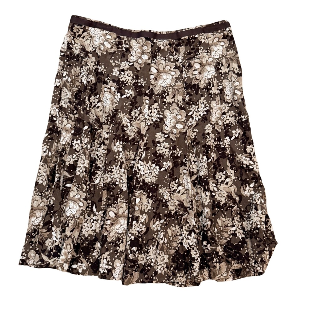 Christopher & Banks A-Line Skirt Womens 14 Brown Floral Rayon Ribbon Waist Boho